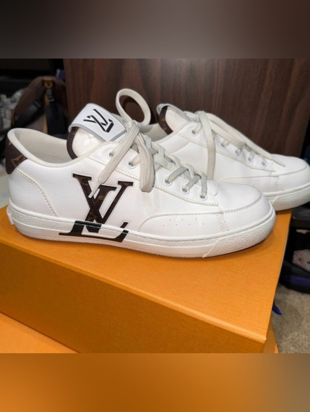 Louis Vuitton White Low-Top Sneakers with Brown LV Logo